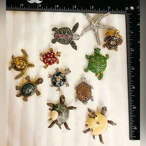 Turtle Starfish Brooch Pin Lot 11pc Rhinestone Enamel Nautical Sea Life
